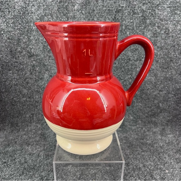 Vintage Emile Henry Red & Cream “Cerise” Ceramic 1L Pitcher Made In France - Picture 2 of 6